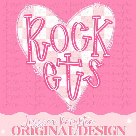 Rockets Mascot Letter Preppy Pink Valentines Football Team Go PNG Sublimation File Glitter Gold DTF Print Digital Unique Trendy Checkered