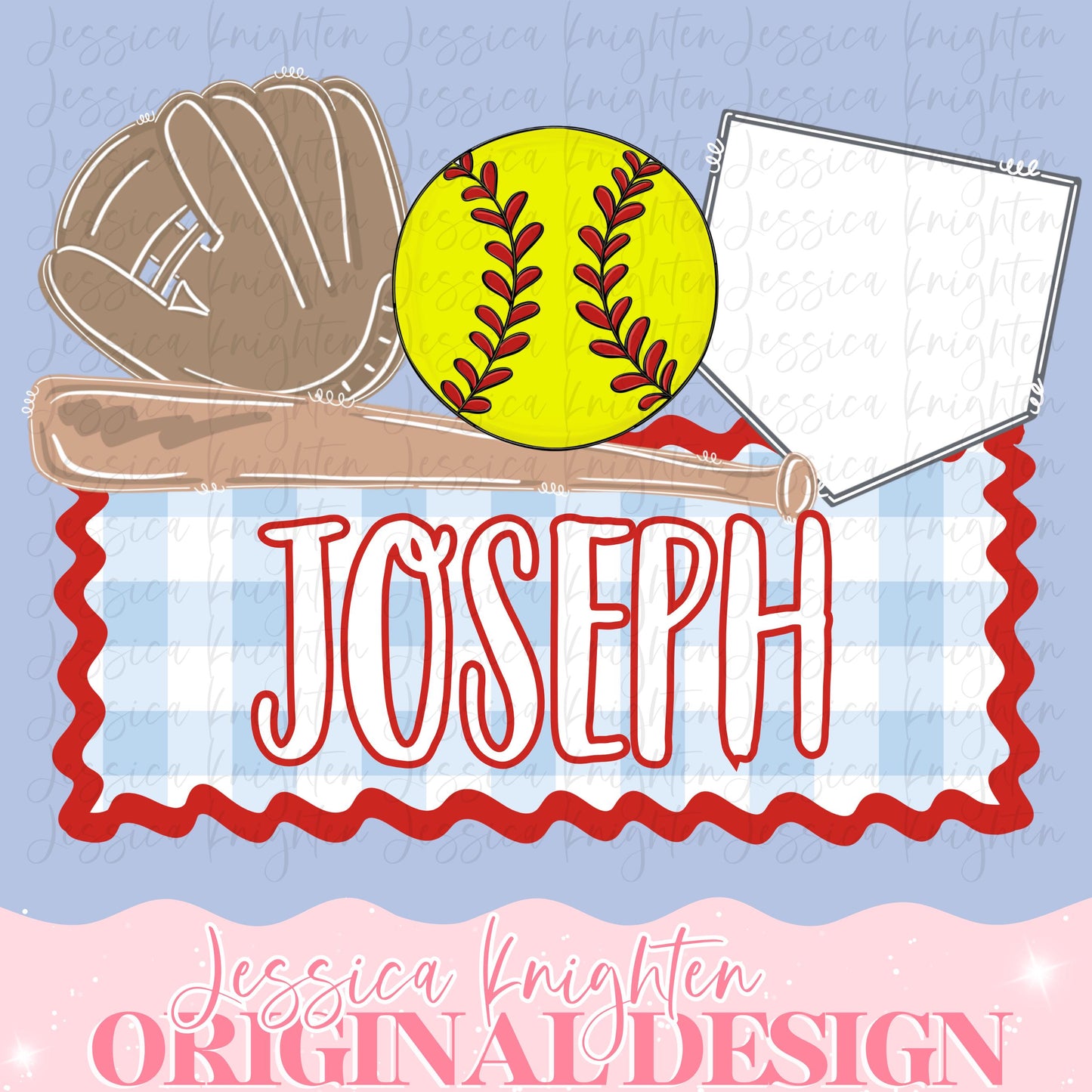 Softball Name Plate Digital Design Heart Gingham Kids Children Shirt PNG Personalized Ball Boy Sub Trendy Cute Glove Bat Home Plate Custom