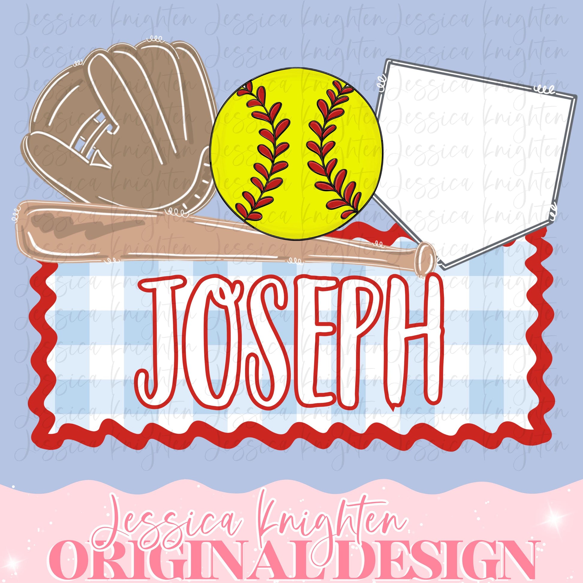 Softball Name Plate Digital Design Heart Gingham Kids Children Shirt PNG Personalized Ball Boy Sub Trendy Cute Glove Bat Home Plate Custom