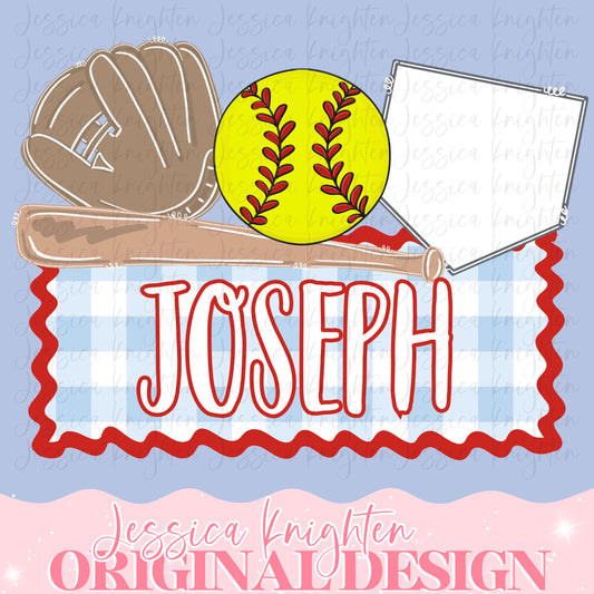 Softball Name Plate Digital Design Heart Gingham Kids Children Shirt PNG Personalized Ball Boy Sub Trendy Cute Glove Bat Home Plate Custom