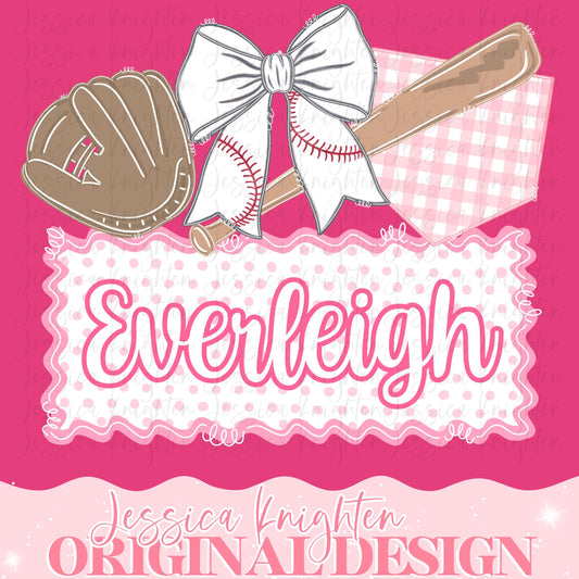 Baseball Name Plate Digital Design Heart Gingham Kids Children Shirt PNG Personalized Ball Girl Sub Trendy Cute Glove Bat Home Plate Custom