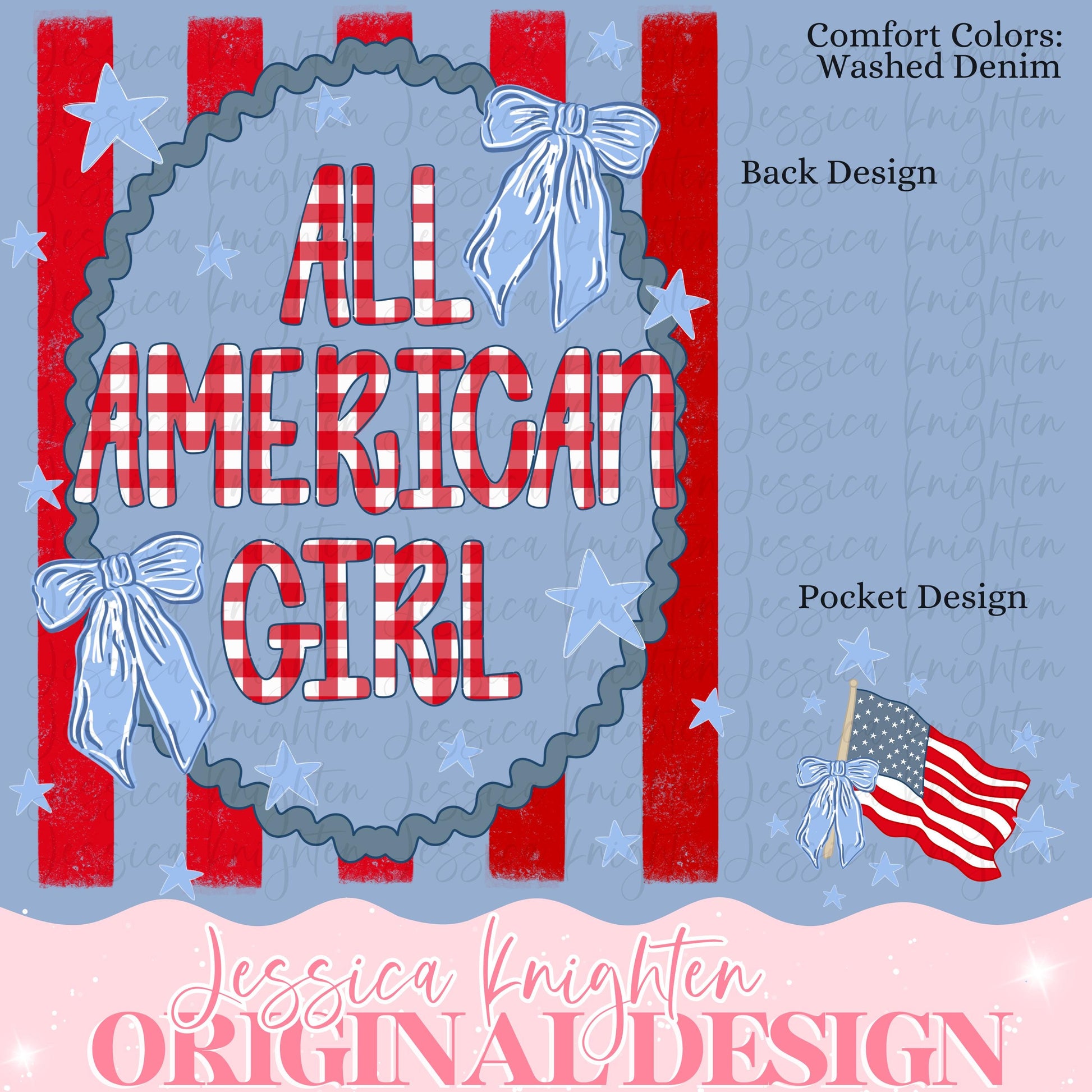 American Honey Flag Bows Coquette PNG Sublimation DTF Trendy Red White Blue Front Back Design USA Independence Fourth of July Memorial
