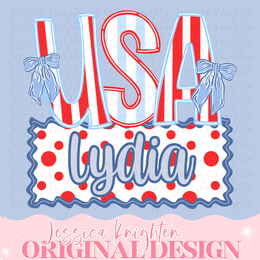 Independence Name Plate American Design Kids Children Shirt PNG Personalized Girly Bow Sub Trendy Cute Custom USA Fourth of July Veterans