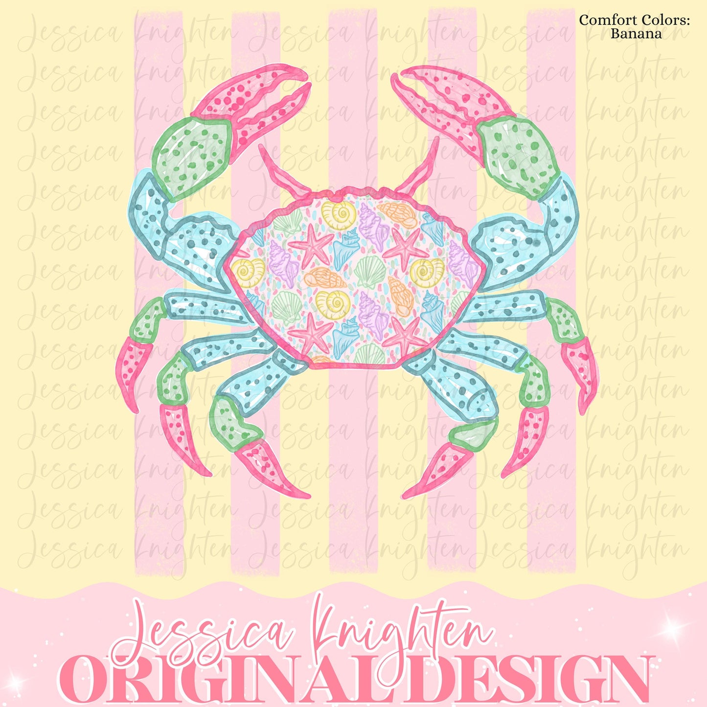 Everyday Summer Crab PNG Digital Design Girly Trendy Kid Design Women Pink Preppy Prep Print Beach Bay Coastal Watercolor Trending Stripes
