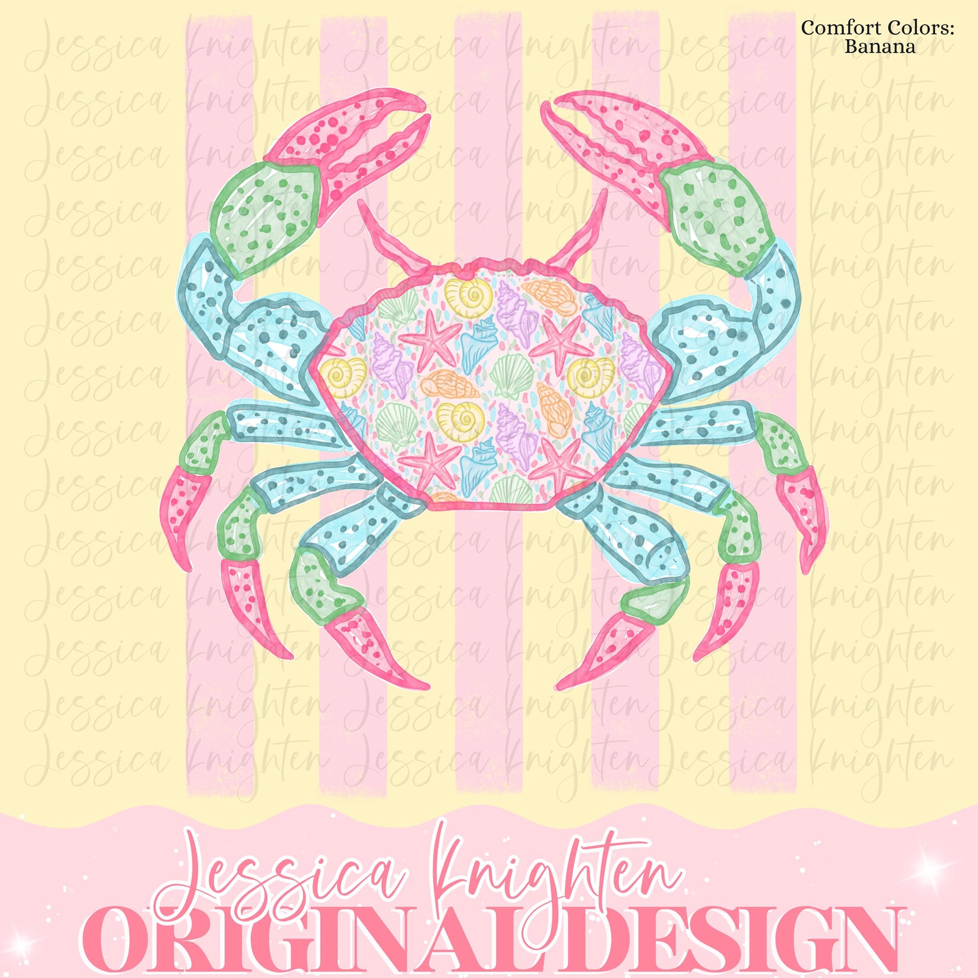 Everyday Summer Crab PNG Digital Design Girly Trendy Kid Design Women Pink Preppy Prep Print Beach Bay Coastal Watercolor Trending Stripes