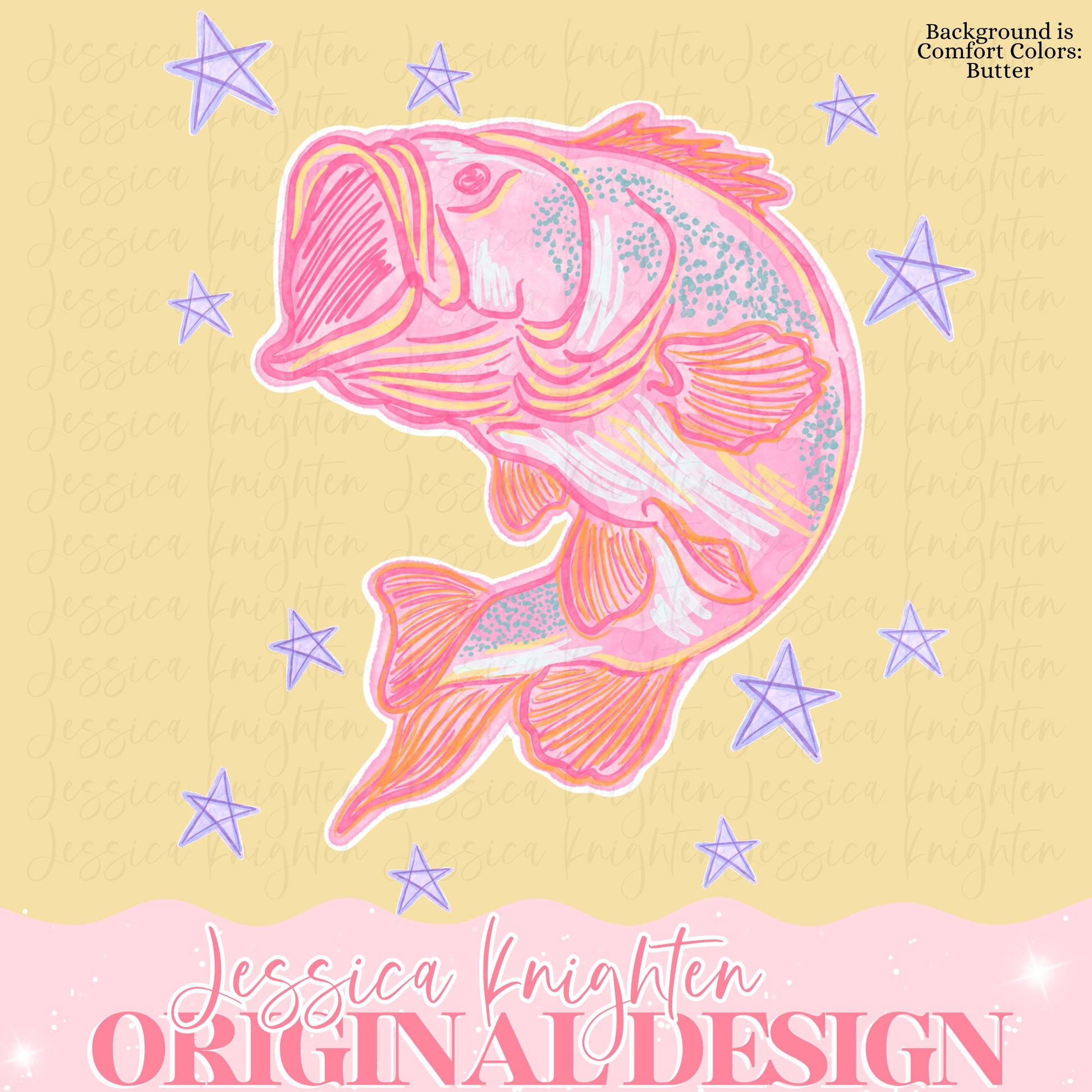 Everyday Summer Bass PNG Digital Design Girly Trendy Kid Design Women Pink Preppy Print Lake Pond Fish Watercolor Trending Stars