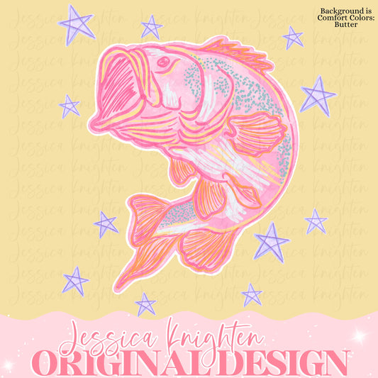 Everyday Summer Bass PNG Digital Design Girly Trendy Kid Design Women Pink Preppy Print Lake Pond Fish Watercolor Trending Stars