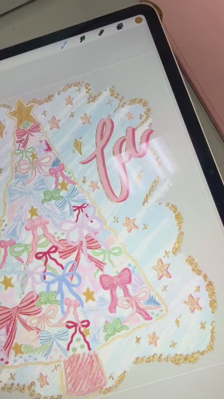 Bow Christmas Tree PNG Hand Drawn Trendy Jolly Merry Bright Holly Checker Glitter Sparkle Star Front Back Design Trendy Pink Coquette
